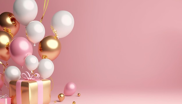 Aniversario de cumpleaños festivo 3d con fondo de globos de helio de caja de regalo blanco rosa y oro 12