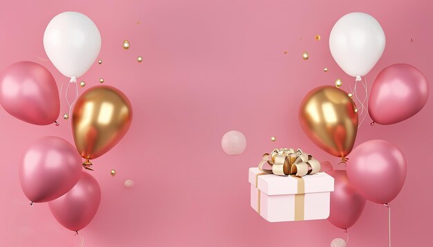 Aniversario de cumpleaños festivo 3d con fondo de globos de helio de caja de regalo blanco rosa y oro 24