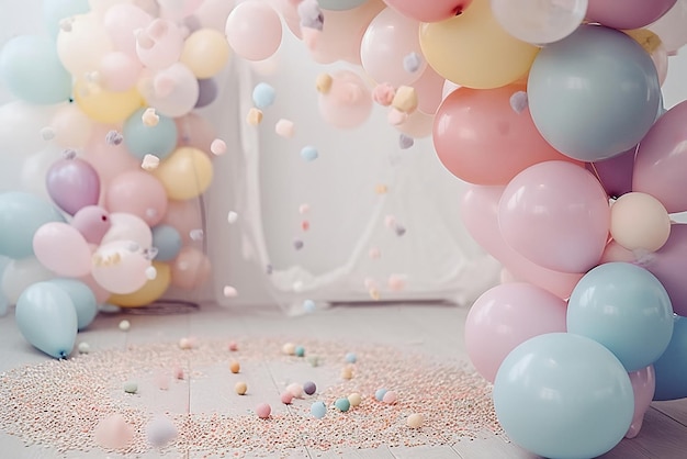 aniversário da menina aniversário balões fundo primeiro bolo festa cores pastel