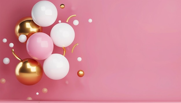 Aniversário festivo 3d com fundo de balões de hélio branco rosa e ouro de presente de caixa 19