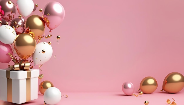 Aniversário festivo 3d com fundo de balões de hélio branco rosa e ouro de presente de caixa 9