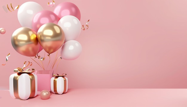 Aniversário festivo 3d com fundo de balões de hélio branco, rosa e ouro, presente de caixa 15