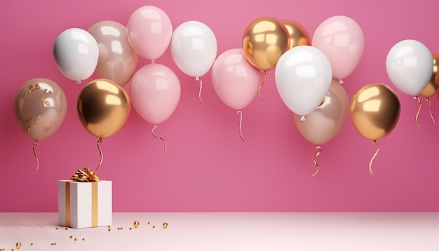 Aniversário festivo 3d com fundo de balões de hélio rosa e dourado de presente de caixa 10
