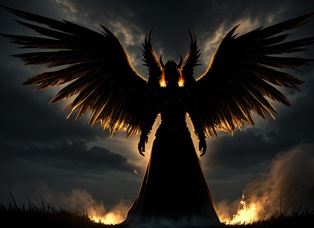 Anjo ardente, dragão, asas, humor atmosférico escuro, fundo de fantasia