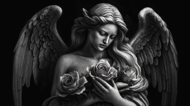 Anjo com rosas nas mãos Imagem em preto e branco Fantasygenerative ai