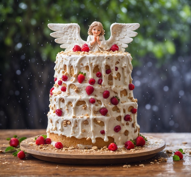 Anjo de bolo com framboesas em uma mesa de madeira na chuva