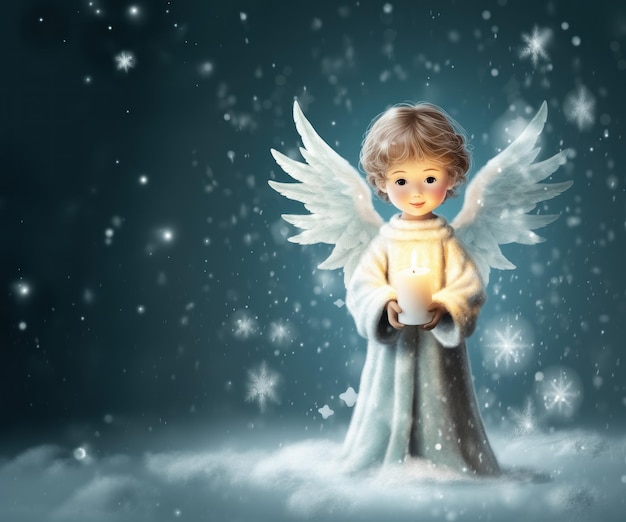 Anjo de Natal com asas brancas e vela acesa na mão sobre fundo azul nevado com espaço de cópia