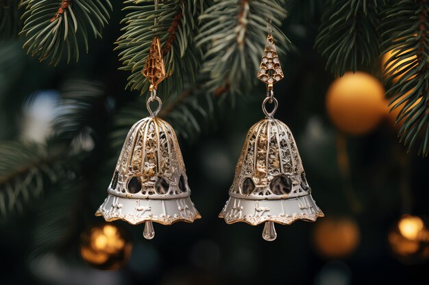 Anjo de prata e sinos de anjo em uma árvore de Natal