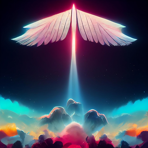 Anjo voando pássaro abstrato na ilustração futurista do céu