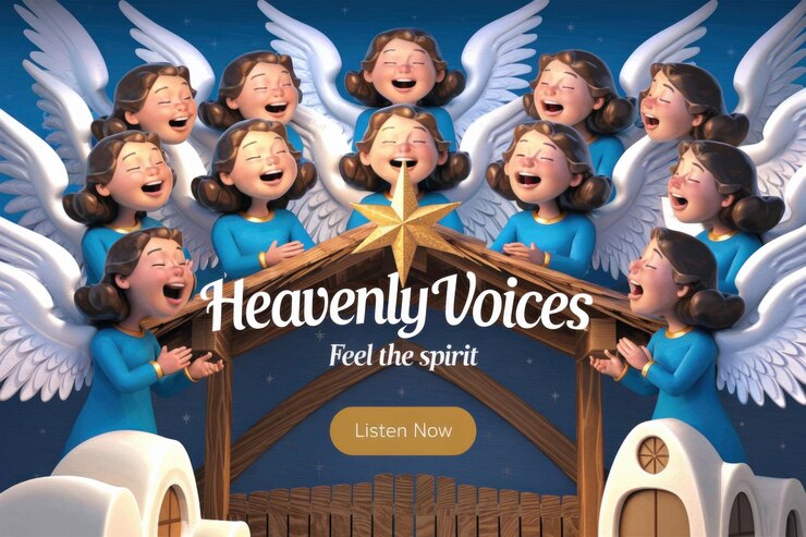 Foto anjos de desenhos animados alegres cantando starry night ilustração de natal caprichosa saudação de feriado