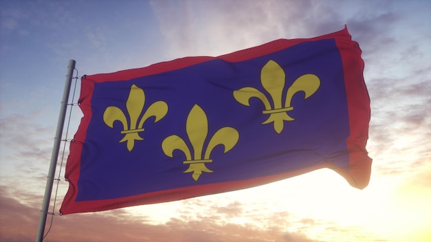 Anjou-Flagge, Frankreich, weht im Wind-, Himmels- und Sonnenhintergrund. 3D-Rendering.