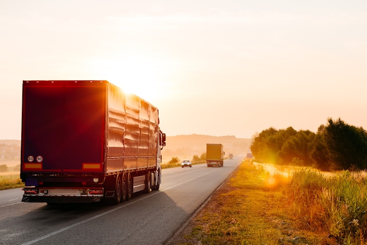 Foto ankommender lkw auf der straße in einer ländlichen landschaft bei sonnenuntergang