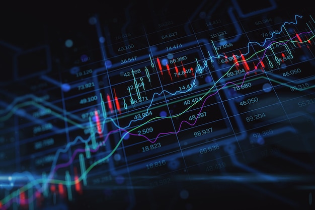 Anlage- und Börsenhandelskonzept mit aufwachsendem Forex-Kerzenhalter und Grafiken auf dunklem, verschwommenem Hintergrund mit 3D-Darstellung von Finanzdiagrammen