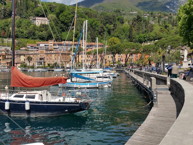 Anlegte Boote in einem ruhigen See gegen Bäume