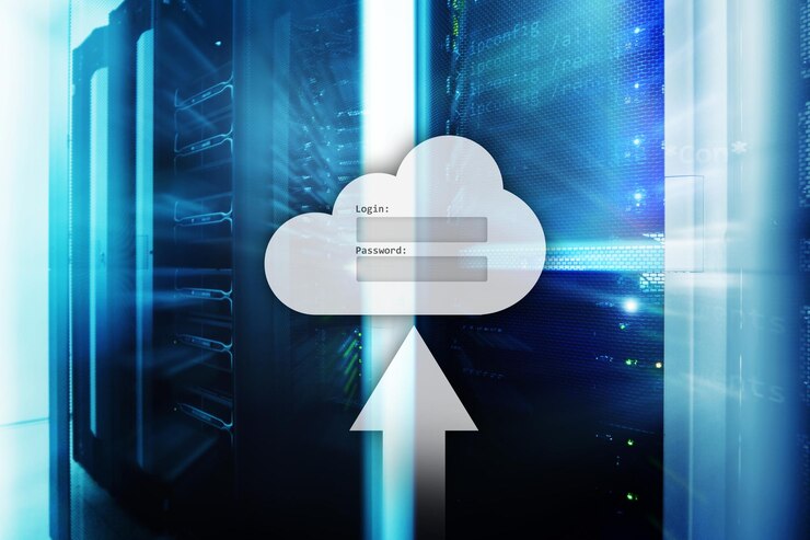 Foto anmelde- und passwortanforderungsfenster für cloud-speicherdatenzugriff auf dem hintergrund des serverraums internet- und technologiekonzept