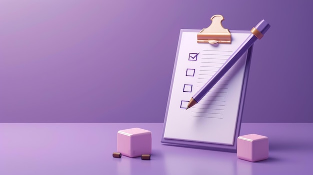 Anmerkungen mit Prüfliste Vervollständigte Prüfliste oder Aufgabenliste Bericht oder Papierdokument mit Bleistift Konzept für das Aufgabenmanagement Zeichentrickfigur, isoliert auf lila Hintergrund 3D-Rendering