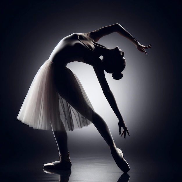 anmutige Ballerina, die auf schwarzem Hintergrund tanzt, Silhouette ai generativ