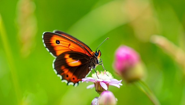 Anmutige Begegnung mit einem Monarchfalter, der auf einer Blumenpflanze ruht und das Licht und die Schönheit der Natur in seinen Bann zieht