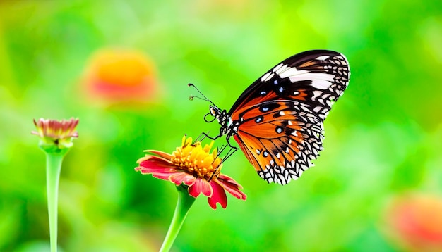 Anmutige Begegnung mit einem Monarchfalter, der auf einer Blumenpflanze ruht und das Licht und die Schönheit der Natur in seinen Bann zieht
