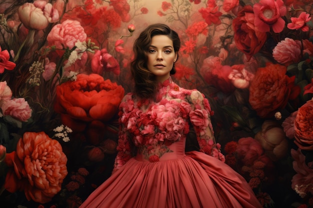 Anmutige Frau, die die Natur umarmt Ein lebendiges Porträt in rosa Blumenkleidung von einer roten Blumenpflanze
