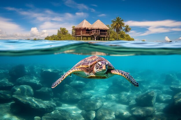 Foto anmutige meeresschildkröte schwimmt im sommer im meer in der nähe von tropical island, erstellt mit generativer ki