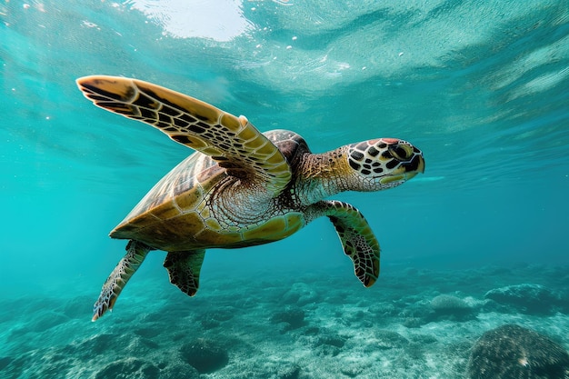 Anmutige Meeresschildkröten, die diese majestätischen Kreaturen aufnehmen, die durch den Ozean gleiten, Zeugen der ruhigen Schönheit der Meeresschilde, die anmutig durch das kristallklare Wasser gleiten.