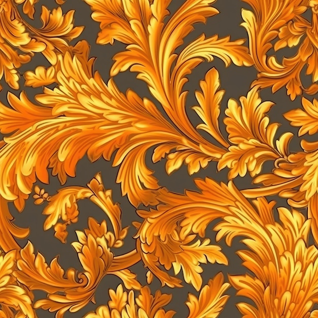 Anmutige Pflanzenmotive in warmen Orange- und Gelbtönen, nahtloses Muster, KI-generiert