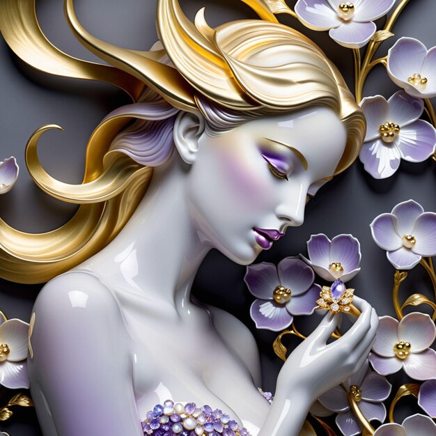 Anmutige Skulpturen und reine Farben mit Perlenmuttergold und Lila