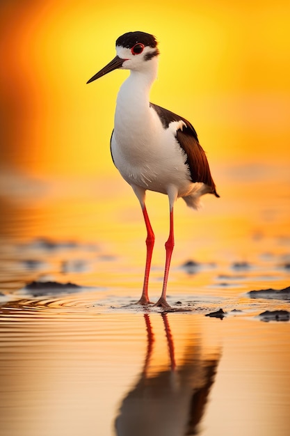 Anmutige Stiefel, die bei Sonnenuntergang im Wasser waten, Gelassenheit in Wildtieren, generative KI