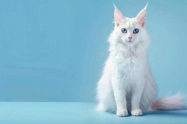 Anmutige türkische Angora-Katze mit langem seidenartigen Fell, großen Ohren und durchdringenden blauen Augen