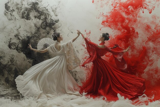 Anmutiger Tanz zweier Frauen in traditionellen weißen und roten Kleidern mit Tintenwolken