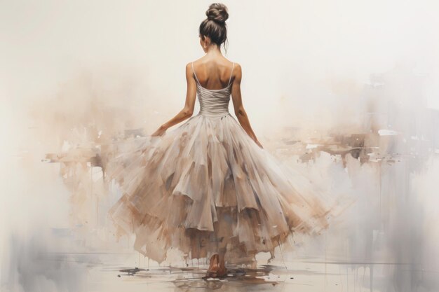 anmutiges Mädchen in einem Ballettkleid, gezeichnet in Aquarell