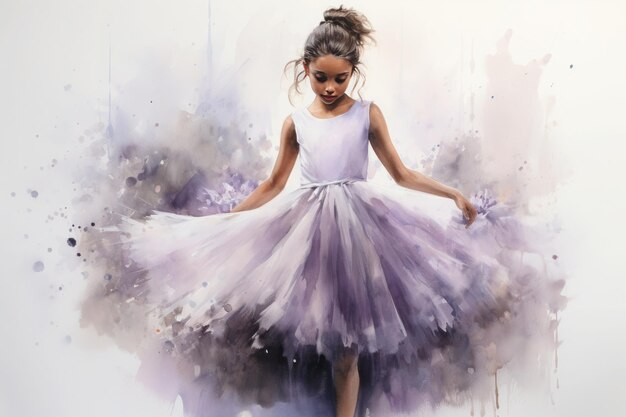 anmutiges Mädchen in einem Ballettkleid, gezeichnet in Aquarell