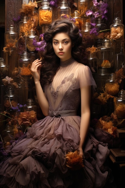 Anmutiges Modell mit Vintage-Parfums, das in Vanille-Amber- und Lavendeltönen gebadet ist