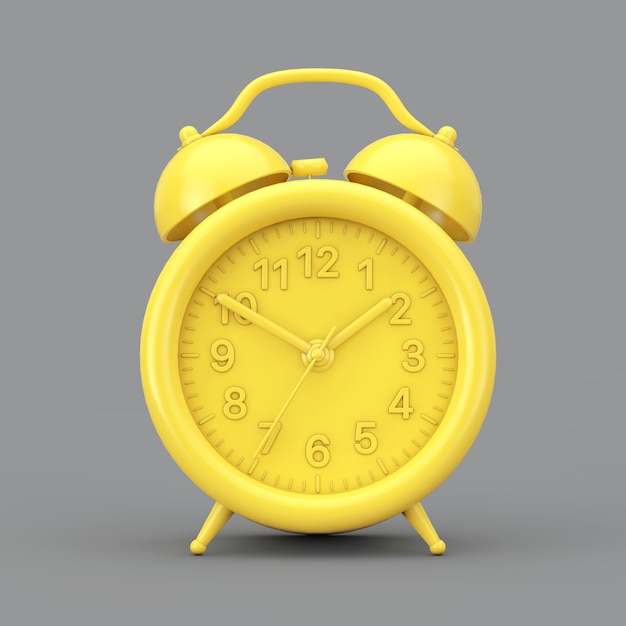 Año de 2021 Colores de moda. Reloj despertador vintage amarillo iluminado sobre un fondo gris definitivo. Representación 3D