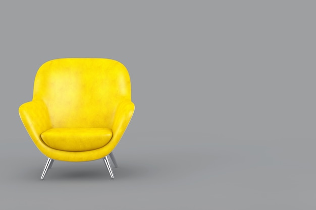 Año de 2021 Colores de moda. Silla relax de forma ovalada de cuero moderno amarillo iluminado sobre un fondo gris definitivo. Representación 3D