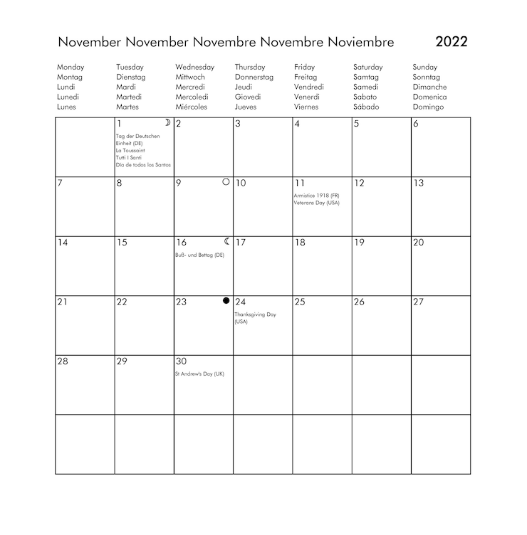 Foto ano 2022, calendário internacional de novembro com feriados