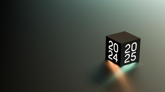 Foto año 20242025 números de neón brillantes en un cubo con espacio de copia para el texto plan de objetivos banner renderización 3d