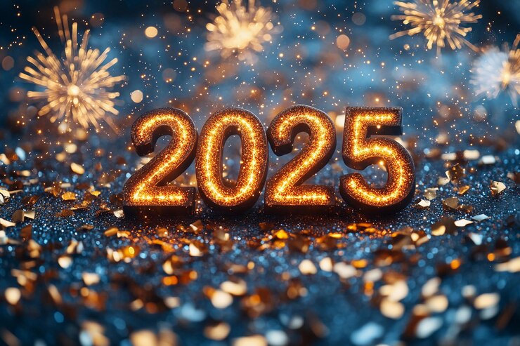 El año 2025 iluminado simboliza las celebraciones de Año Nuevo con chispas y confeti.