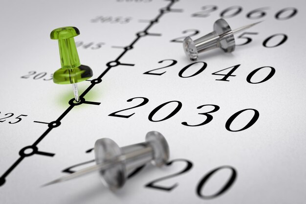 Año 2030 escrito en un papel con una chincheta verde, imagen conceptual de visión empresarial o prospectiva a largo plazo. Número dos mil treinta.