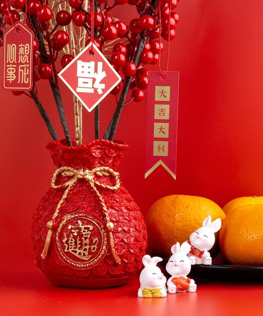 Año chino 2023 Las decoraciones de conejo con frases chinas significan respectivamente buena suerte.