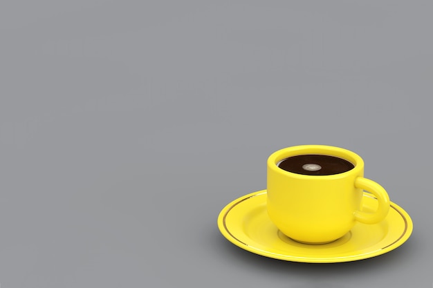 Ano de 2021 cores trendy. iluminando a xícara de café amarela sobre um fundo cinza final. renderização 3d