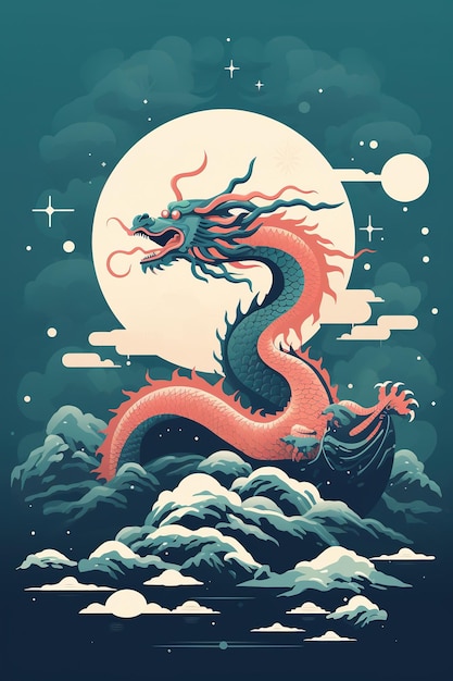 Ano Lunar Chinês do Dragão com design de cartaz de ilustração em estilo antigo chinês