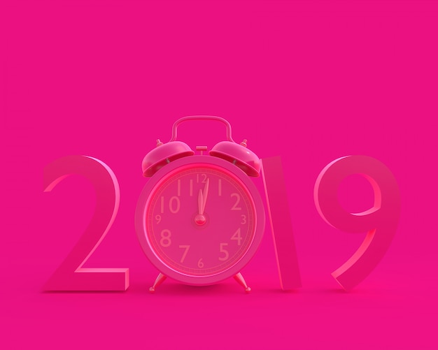 Ano novo 2019 conceito e relógio cor-de-rosa.