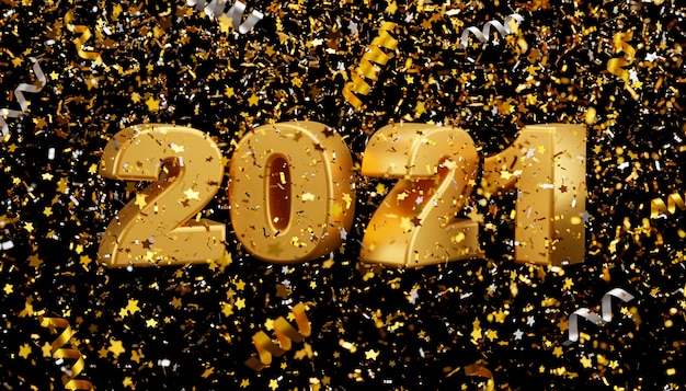 Ano novo 2021 e folha de confete caindo sobre fundo preto renderização 3D