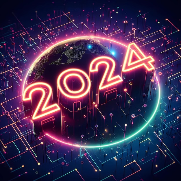 Foto ano novo 2024 conceito de ilustração neon ano novo 2024 número contra à meia-noite