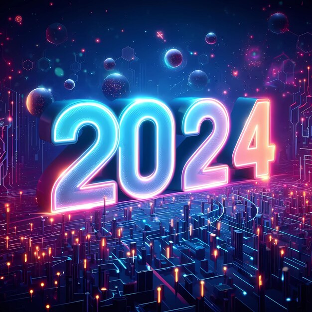 Foto ano novo 2024 conceito de ilustração neon ano novo 2024 número contra à meia-noite