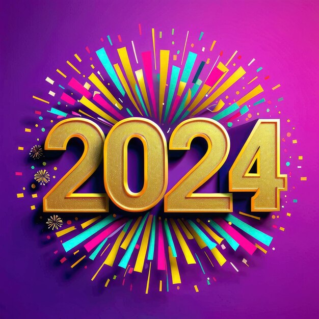 Ano Novo 2024 um fundo roxo com um número dourado e fogos de artifício no meio