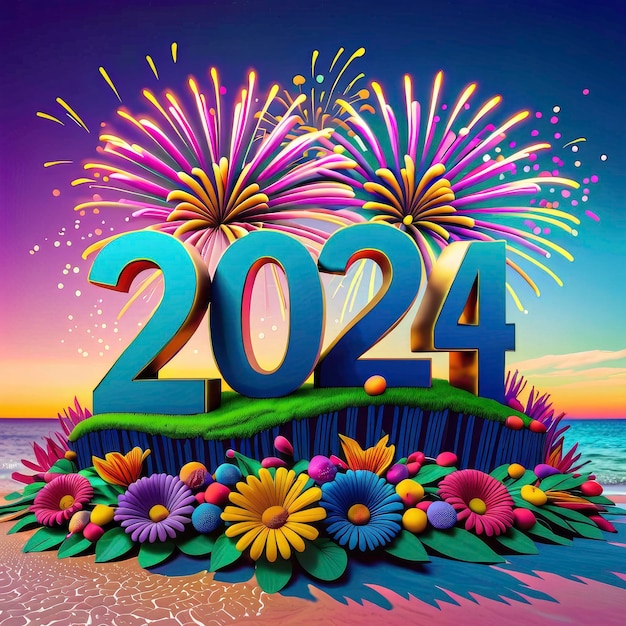Ano Novo 2024 uma exibição de fogos de artifício coloridos em uma praia com flores e grama