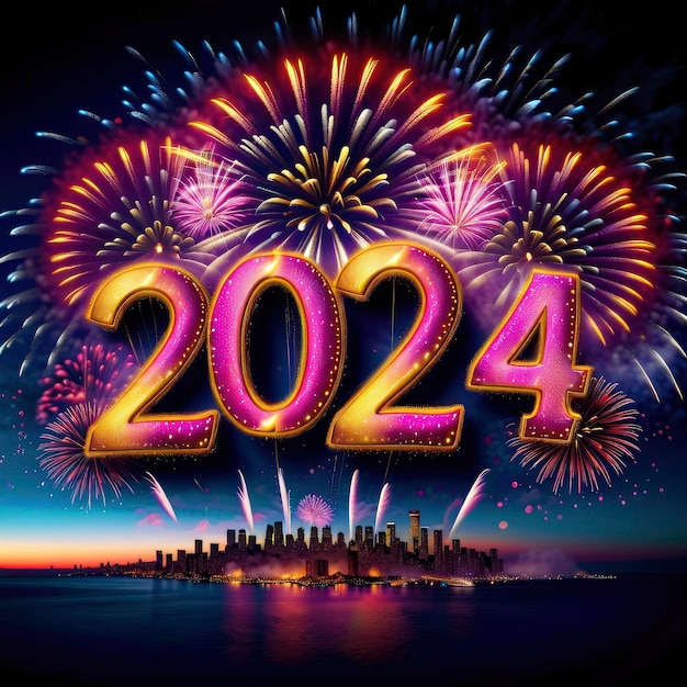 Ano Novo 2024 uma exibição de fogos de artifício com o número 2024 na frente de um horizonte da cidade